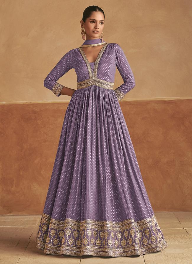 Pure Viscose Silk Purple Wedding Wear Embroidery Work Readymade Gown With Dupatta